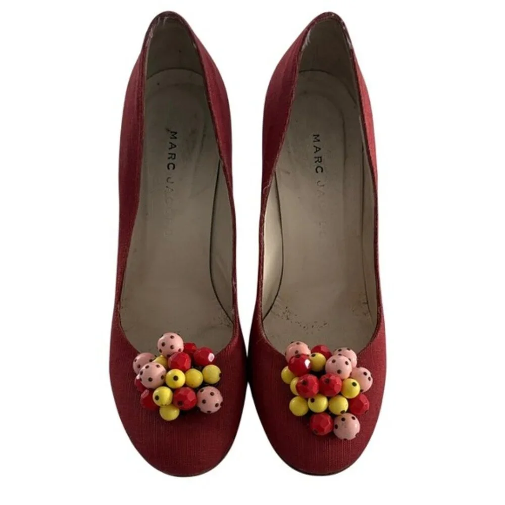 Marc Jacobs Canvas D'Orsay Pumps Beaded Flower - Size 7.5 Made in Italy Y2K